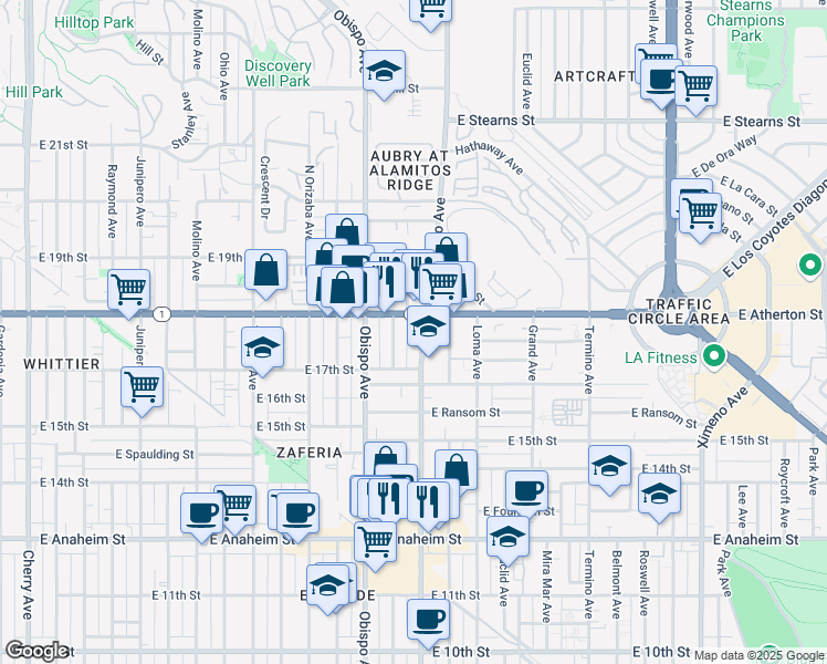 map of restaurants, bars, coffee shops, grocery stores, and more near 1771 Redondo Avenue in Long Beach
