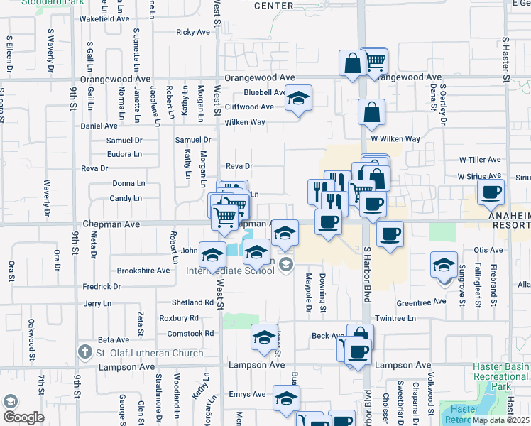 map of restaurants, bars, coffee shops, grocery stores, and more near 12131 Chapman Avenue in Garden Grove