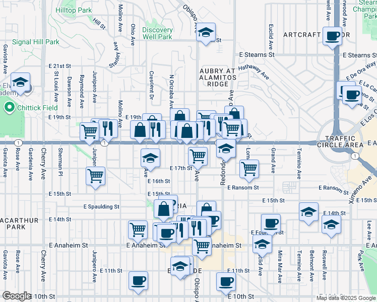 map of restaurants, bars, coffee shops, grocery stores, and more near 1764 Freeman Avenue in Long Beach
