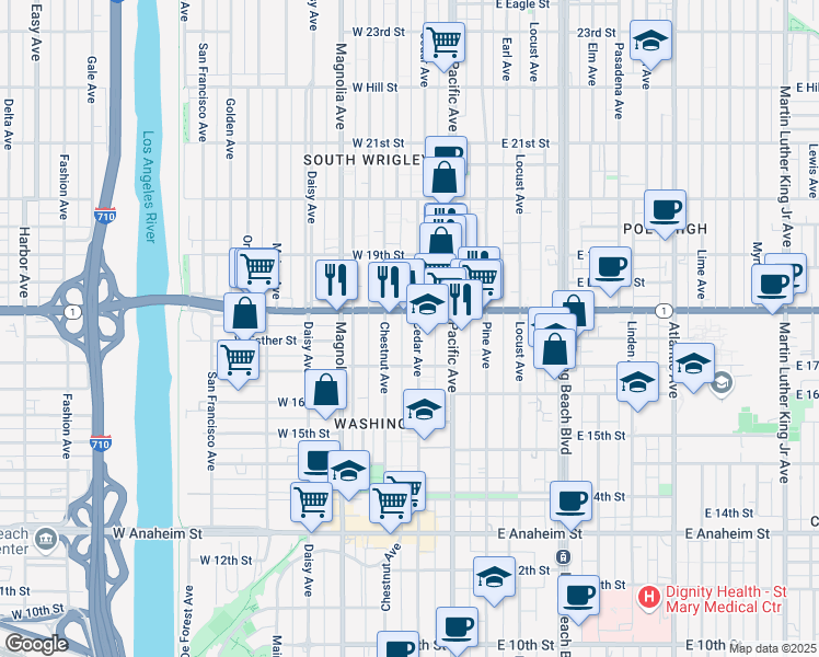 map of restaurants, bars, coffee shops, grocery stores, and more near 1749 Cedar Avenue in Long Beach