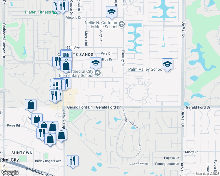 map of restaurants, bars, coffee shops, grocery stores, and more near 35627 Corte Serena in Cathedral City
