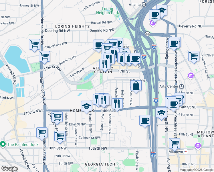 map of restaurants, bars, coffee shops, grocery stores, and more near 1292 Atlantic Drive Northwest in Atlanta