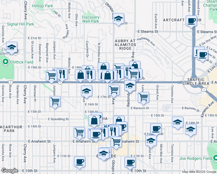 map of restaurants, bars, coffee shops, grocery stores, and more near 1764 Freeman Avenue in Long Beach