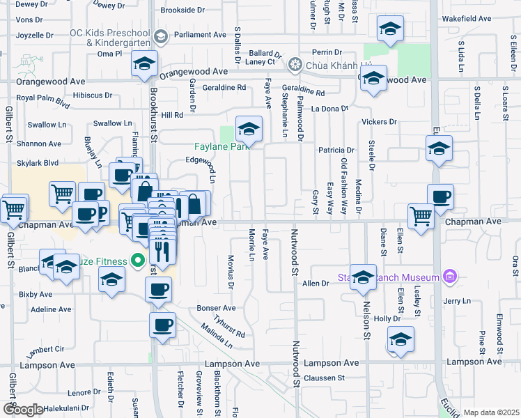 map of restaurants, bars, coffee shops, grocery stores, and more near 11941 Faye Avenue in Garden Grove