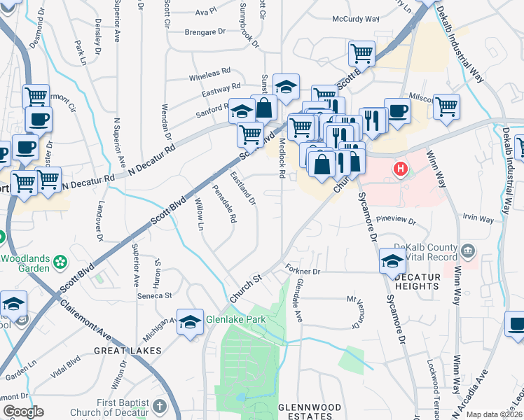 map of restaurants, bars, coffee shops, grocery stores, and more near 457 Eastland Drive in Decatur