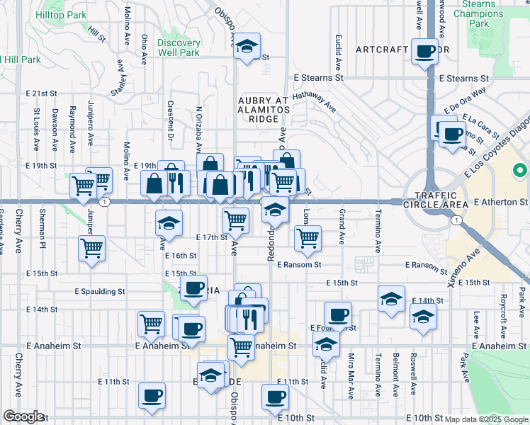 map of restaurants, bars, coffee shops, grocery stores, and more near 1771 Redondo Avenue in Long Beach