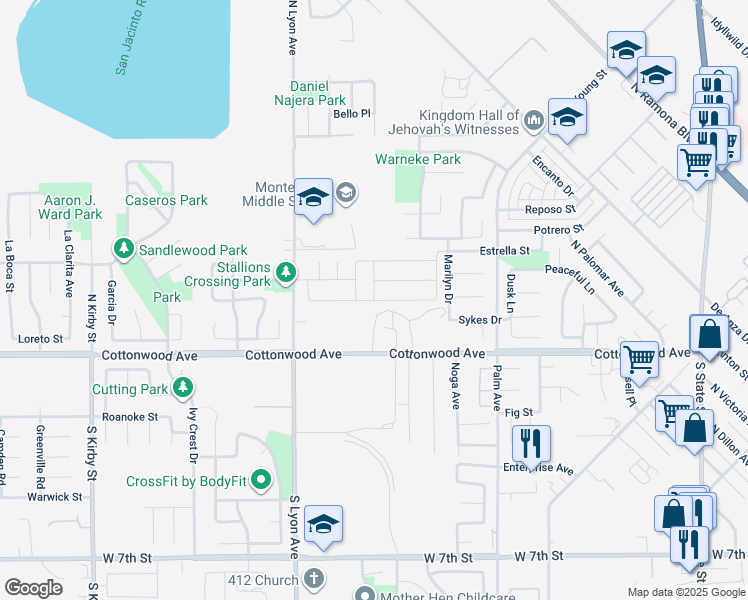 map of restaurants, bars, coffee shops, grocery stores, and more near Braided Mane Drive in San Jacinto
