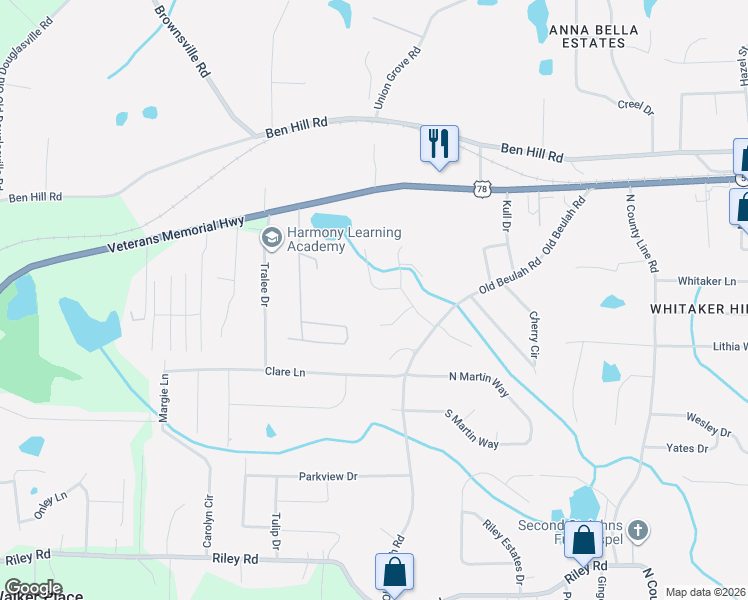 map of restaurants, bars, coffee shops, grocery stores, and more near 589 Boulder Park Drive in Lithia Springs
