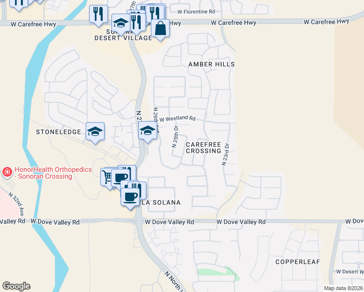 map of restaurants, bars, coffee shops, grocery stores, and more near 33509 North 25th Avenue in Phoenix