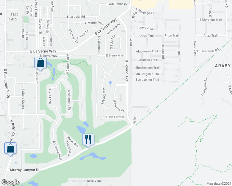 map of restaurants, bars, coffee shops, grocery stores, and more near 2390 Madrona Drive in Palm Springs