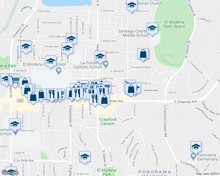 map of restaurants, bars, coffee shops, grocery stores, and more near 18825 East Pearl Avenue in Orange