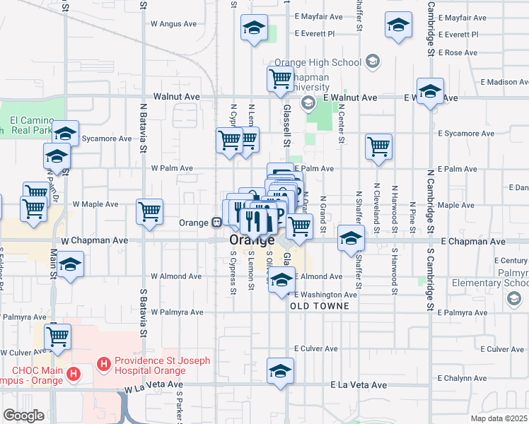 map of restaurants, bars, coffee shops, grocery stores, and more near 165 North Lemon Street in Orange