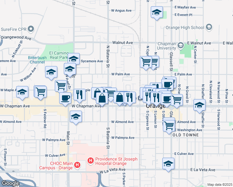 map of restaurants, bars, coffee shops, grocery stores, and more near 744 West Maple Avenue in Orange