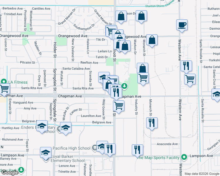 map of restaurants, bars, coffee shops, grocery stores, and more near 11932 Wild Goose Street in Garden Grove