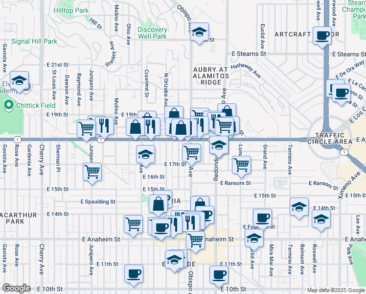 map of restaurants, bars, coffee shops, grocery stores, and more near 1749 Obispo Avenue in Long Beach
