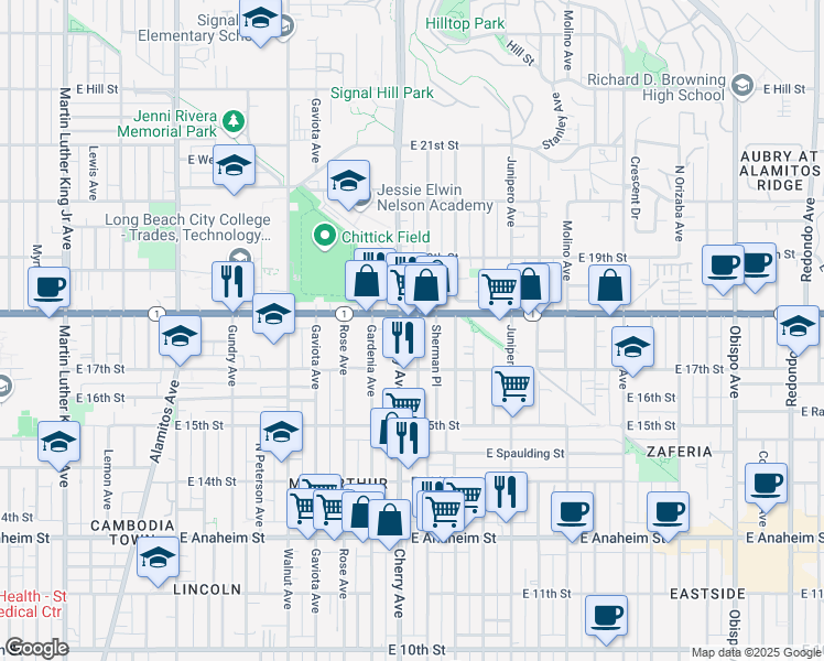 map of restaurants, bars, coffee shops, grocery stores, and more near 1752 Cherry Avenue in Long Beach