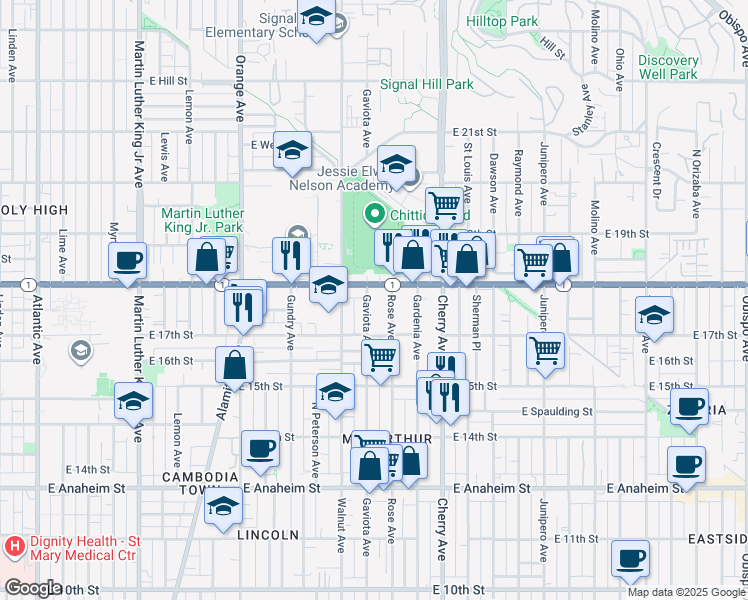 map of restaurants, bars, coffee shops, grocery stores, and more near 1749 Rose Avenue in Long Beach