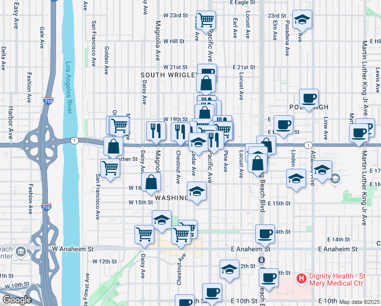 map of restaurants, bars, coffee shops, grocery stores, and more near 1749 Cedar Avenue in Long Beach