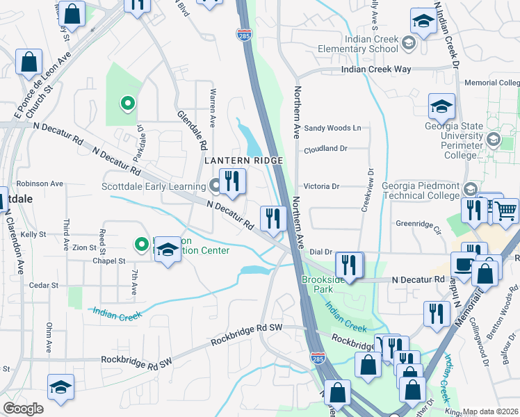 map of restaurants, bars, coffee shops, grocery stores, and more near 551 Lantern Park Lane in Scottdale
