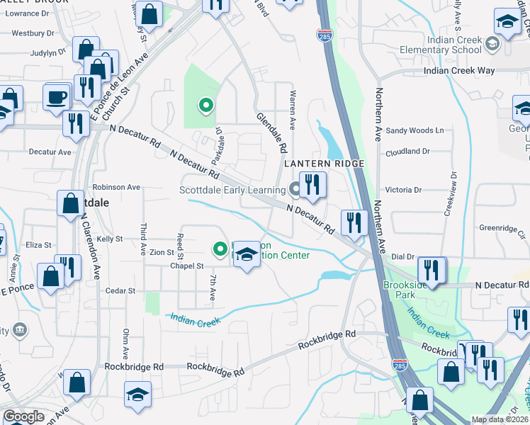 map of restaurants, bars, coffee shops, grocery stores, and more near 456 Glendale Road in Scottdale