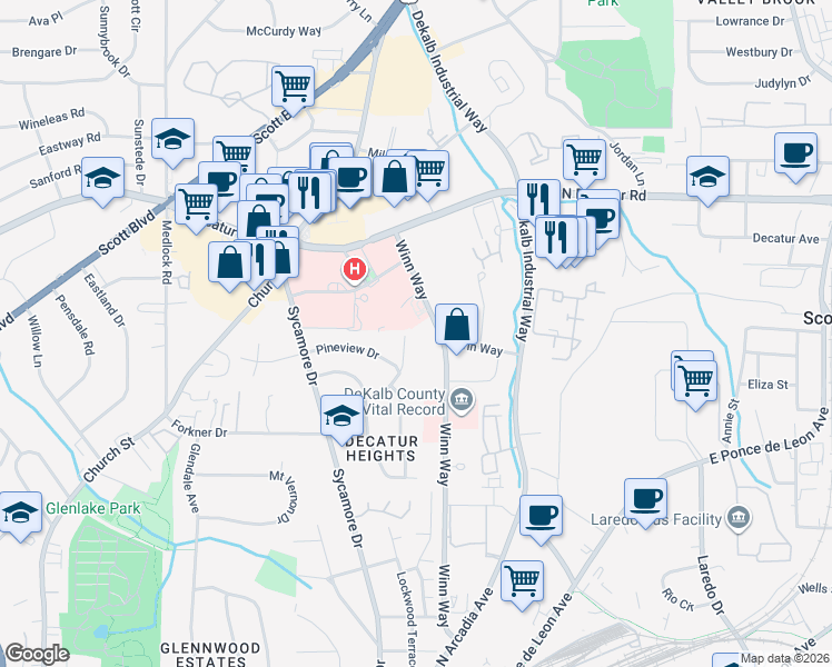 map of restaurants, bars, coffee shops, grocery stores, and more near 453 Woodhaven Drive in Decatur