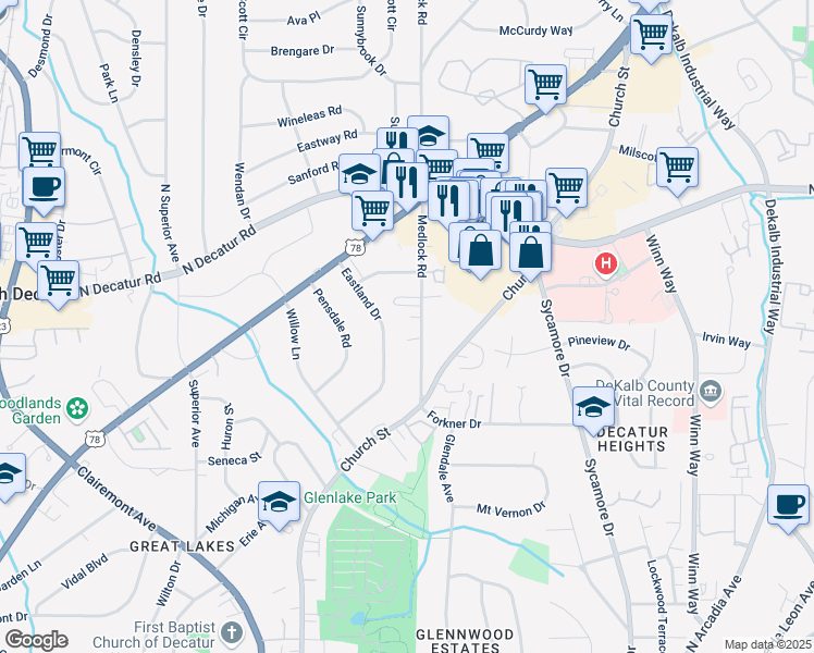 map of restaurants, bars, coffee shops, grocery stores, and more near 457 Eastland Drive in Decatur