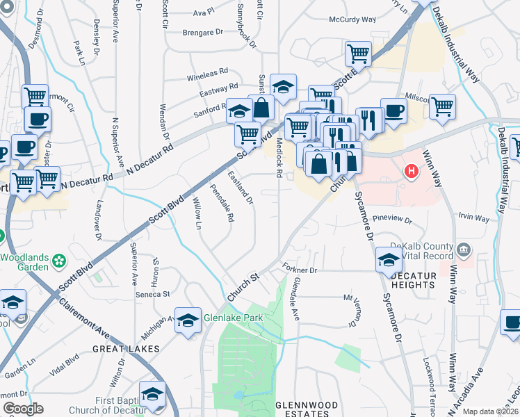 map of restaurants, bars, coffee shops, grocery stores, and more near 457 Eastland Drive in Decatur