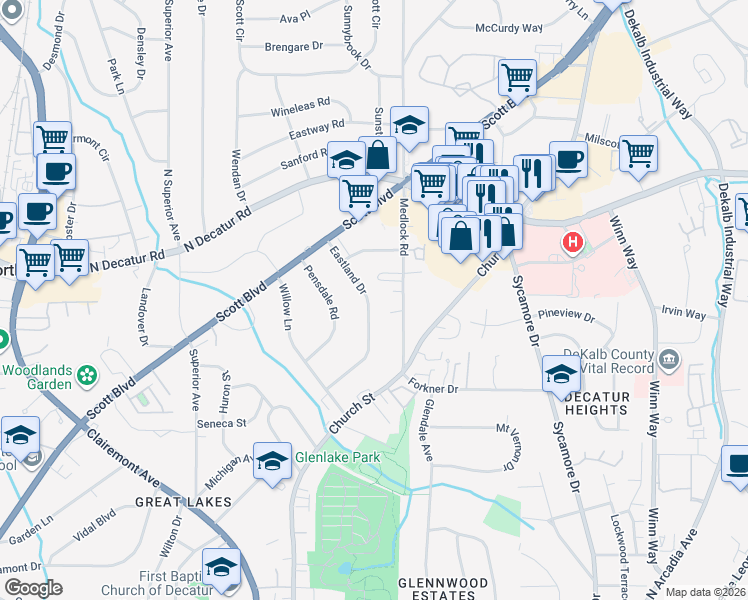 map of restaurants, bars, coffee shops, grocery stores, and more near 457 Eastland Drive in Decatur