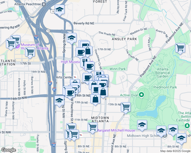 map of restaurants, bars, coffee shops, grocery stores, and more near 1280 Peachtree Street Northeast in Atlanta