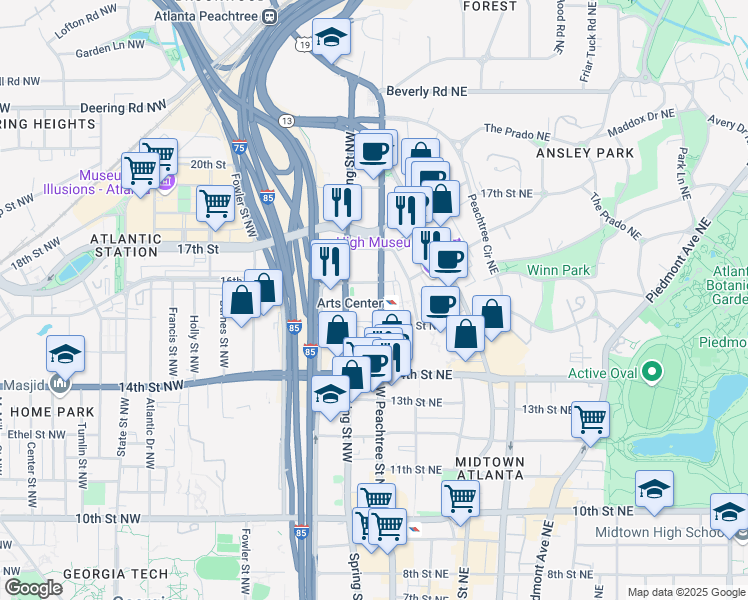 map of restaurants, bars, coffee shops, grocery stores, and more near in Atlanta