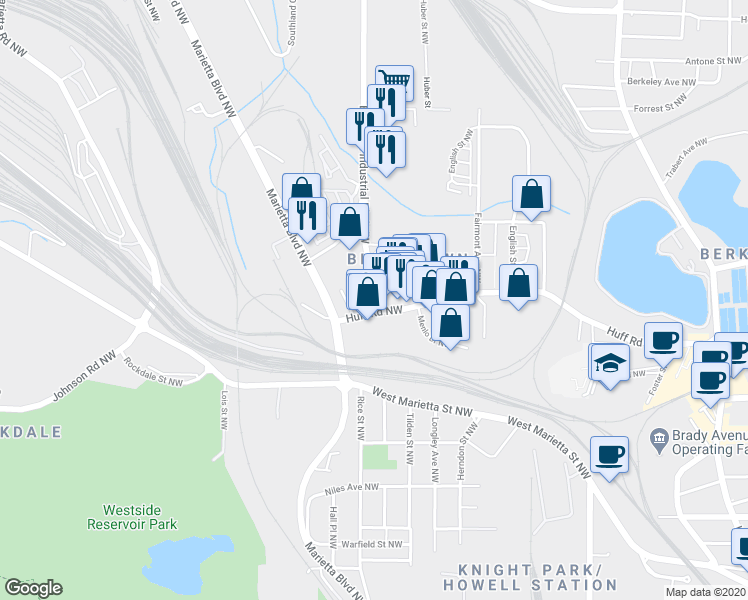 map of restaurants, bars, coffee shops, grocery stores, and more near 1133 Huff Road Northwest in Atlanta