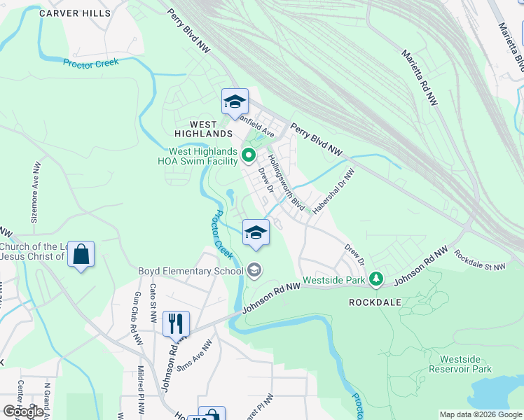 map of restaurants, bars, coffee shops, grocery stores, and more near 921 Westmoreland Circle Northwest in Atlanta
