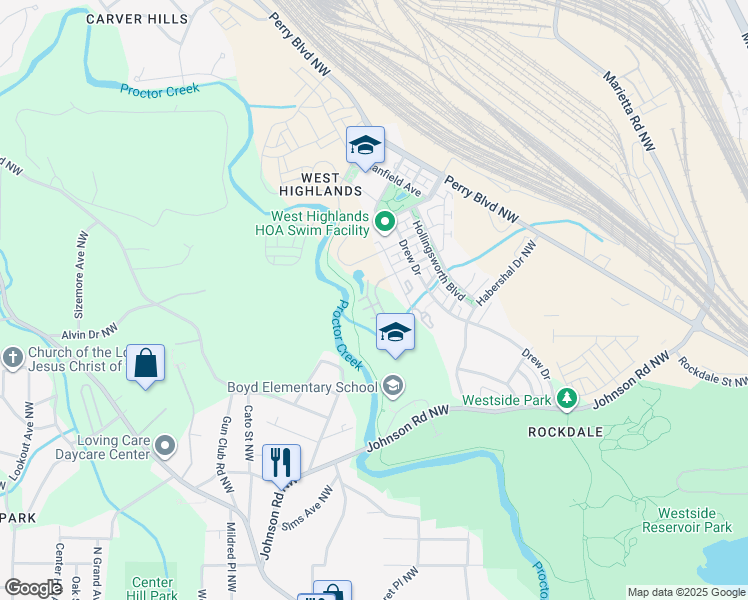 map of restaurants, bars, coffee shops, grocery stores, and more near 880 Westmoreland Circle Northwest in Atlanta