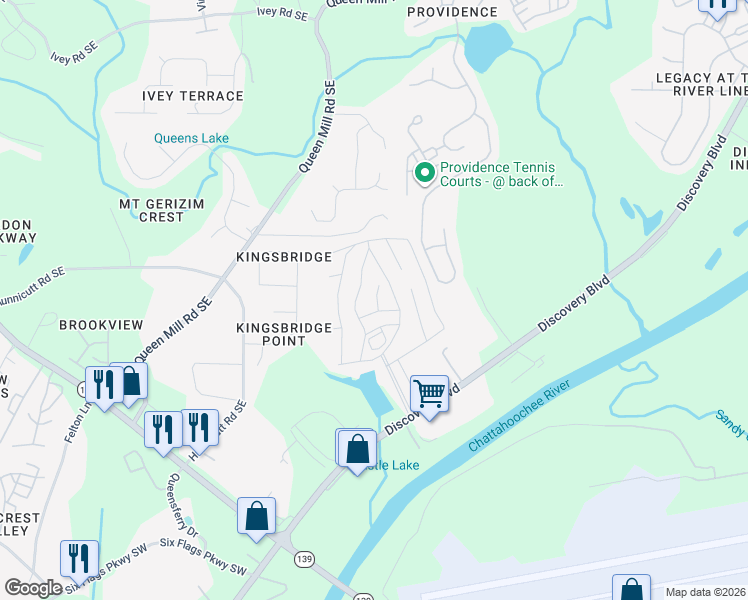 map of restaurants, bars, coffee shops, grocery stores, and more near 110 Ashley Court in Mableton