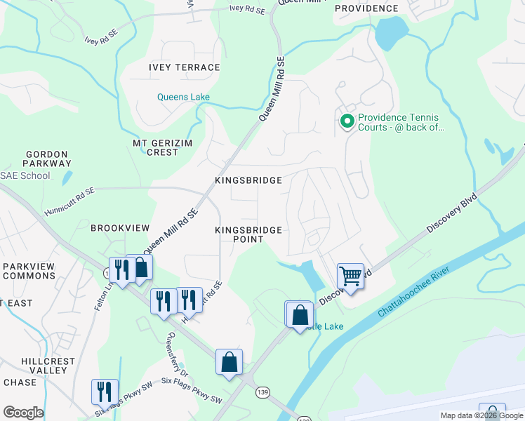 map of restaurants, bars, coffee shops, grocery stores, and more near 660 King Sword Court Southeast in Mableton