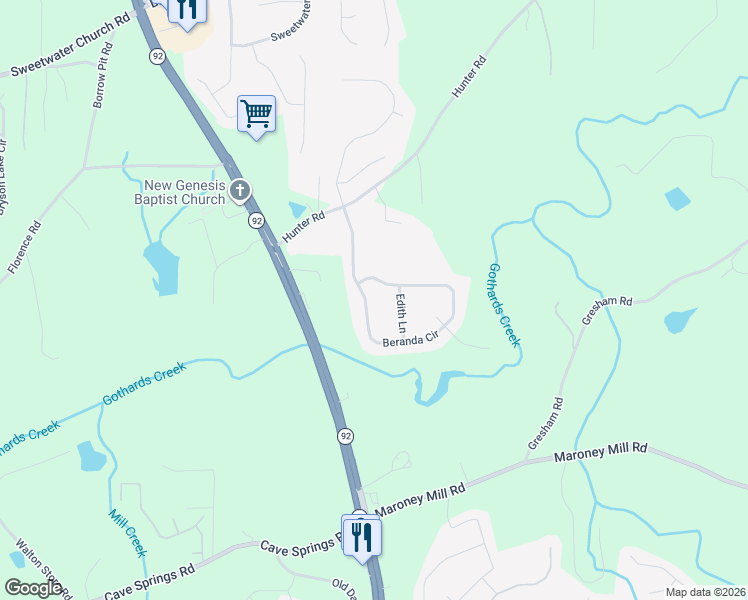map of restaurants, bars, coffee shops, grocery stores, and more near 255 Beranda Circle in Douglasville