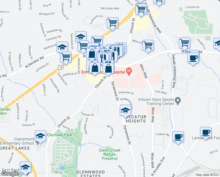 map of restaurants, bars, coffee shops, grocery stores, and more near 2550 Pineview Drive in Decatur