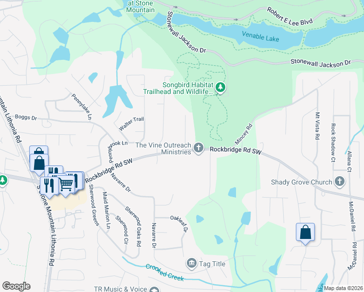 map of restaurants, bars, coffee shops, grocery stores, and more near 6006 Rockbridge Road Southwest in Stone Mountain