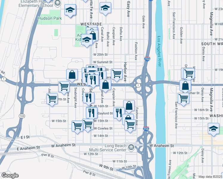map of restaurants, bars, coffee shops, grocery stores, and more near 1500 West Pacific Coast Highway in Long Beach