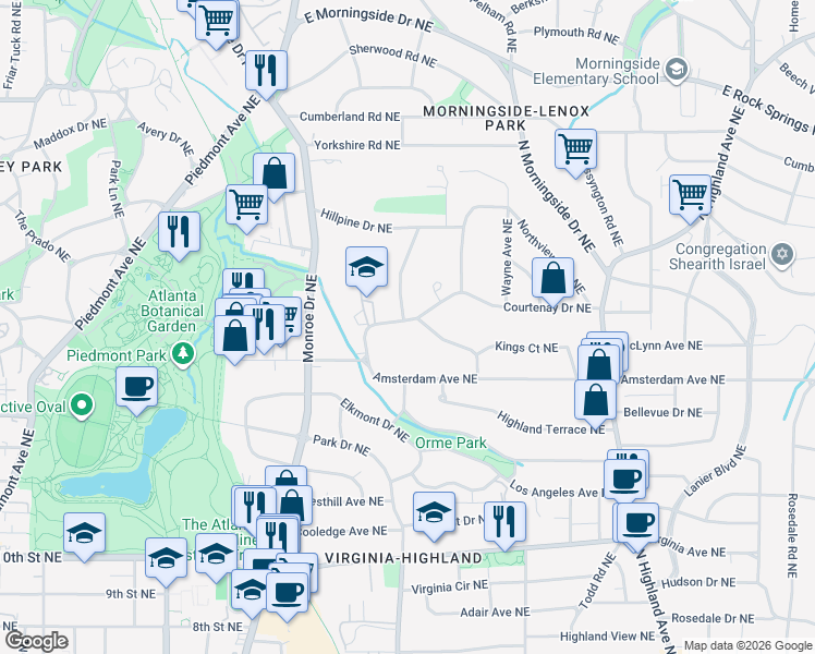 map of restaurants, bars, coffee shops, grocery stores, and more near 727 Courtenay Drive Northeast in Atlanta