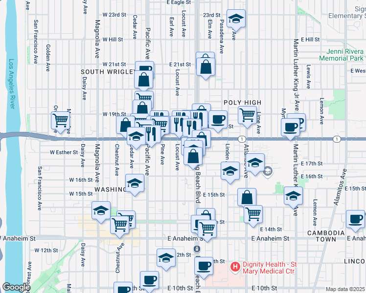 map of restaurants, bars, coffee shops, grocery stores, and more near 1750 Locust Avenue in Long Beach