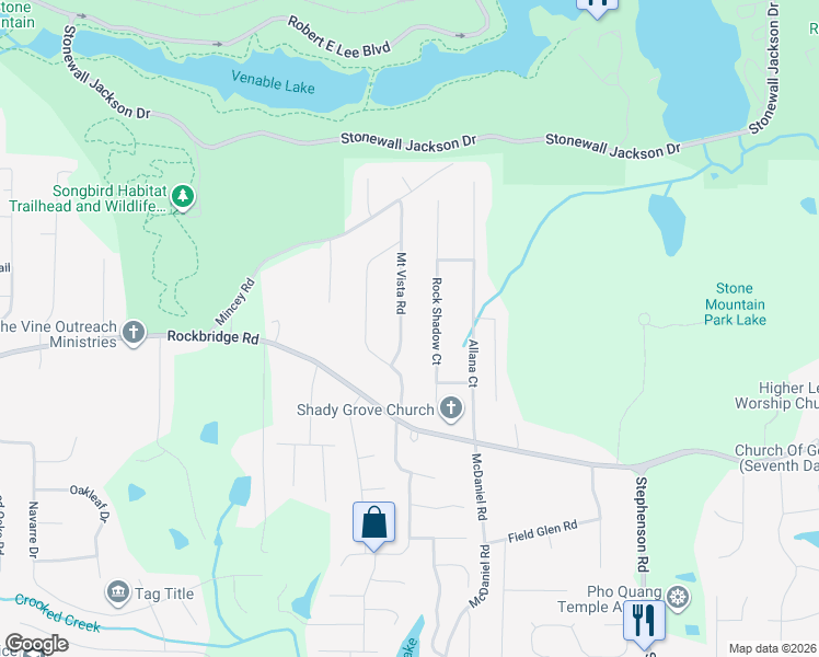 map of restaurants, bars, coffee shops, grocery stores, and more near 457 Mount Vista Road in Stone Mountain