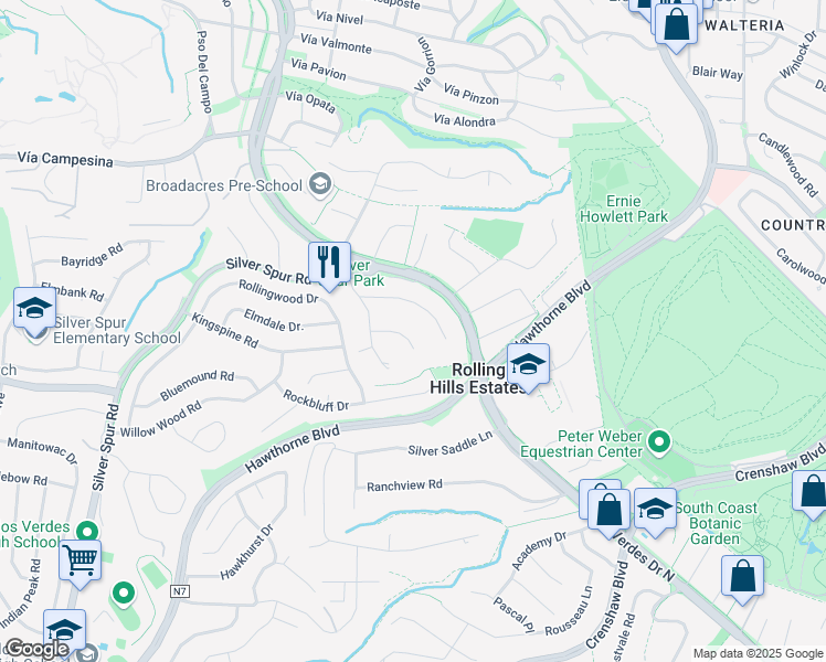map of restaurants, bars, coffee shops, grocery stores, and more near 4623 Rollando Drive in Rolling Hills Estates