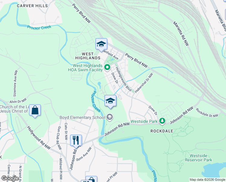 map of restaurants, bars, coffee shops, grocery stores, and more near 921 Westmoreland Circle Northwest in Atlanta
