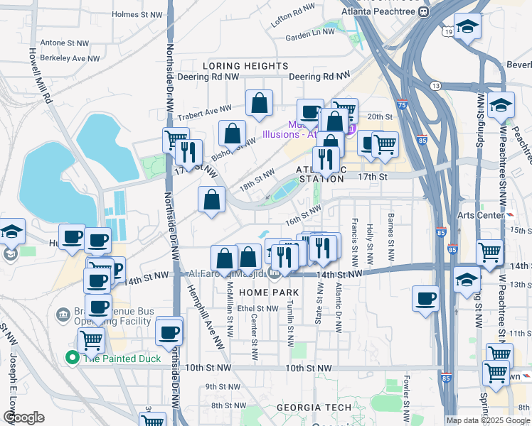 map of restaurants, bars, coffee shops, grocery stores, and more near 401 Art Foundry Street in Atlanta