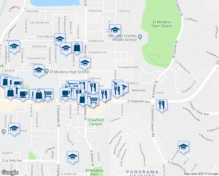 map of restaurants, bars, coffee shops, grocery stores, and more near 18932 East Center Avenue in Orange
