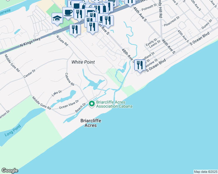 map of restaurants, bars, coffee shops, grocery stores, and more near 173 Beach Drive in Myrtle Beach