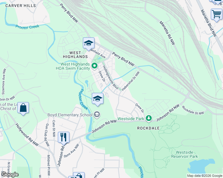map of restaurants, bars, coffee shops, grocery stores, and more near 1735 Drew Drive in Atlanta