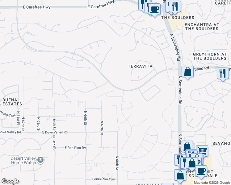 map of restaurants, bars, coffee shops, grocery stores, and more near 6791 East Soaring Eagle Way in Scottsdale
