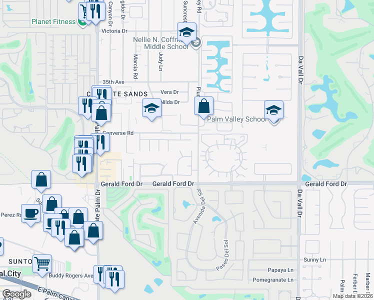 map of restaurants, bars, coffee shops, grocery stores, and more near 35649 Calle Sonoma in Cathedral City